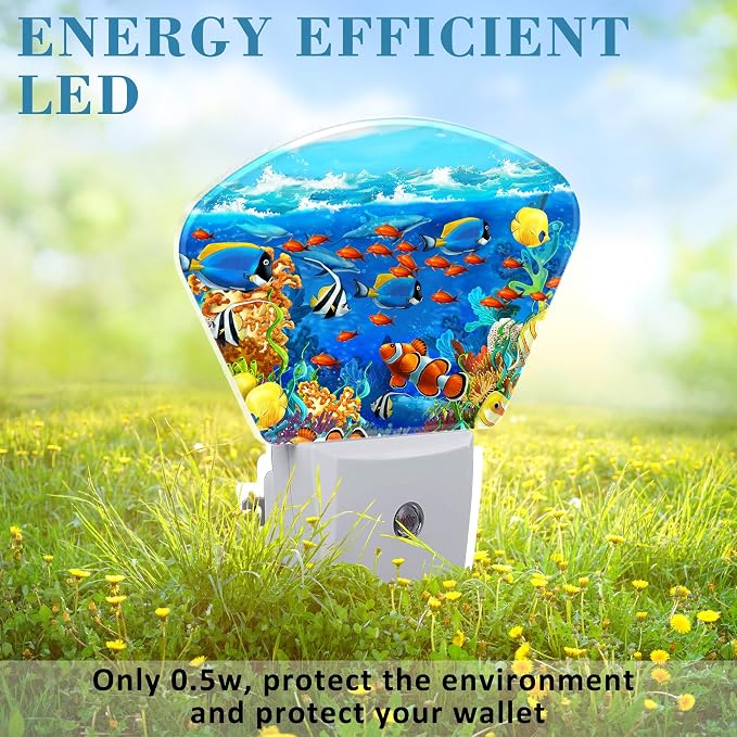 Cartoon Underwater World Night Light for Kids, Tropical Fish LED Night Light Plug into Wall with Dusk to Dawn Sensor for Girls Boys Women Men Room, Hallway, Kitchen, Bathroom, Stairs Decor