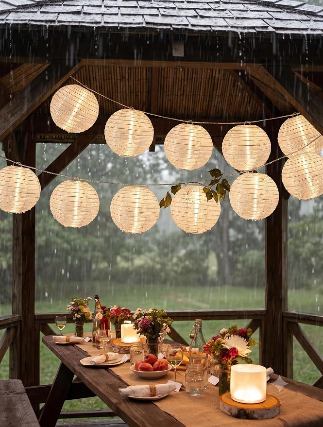 Lantern String Lights Outdoor, 27.5FT White Lantern String Lights Plug in with 10 Nylon Lanterns and G40 LED Bulbs, Hanging Light Strings Waterproof for Indoor Bedroom Outdoor Patio Wedding Party