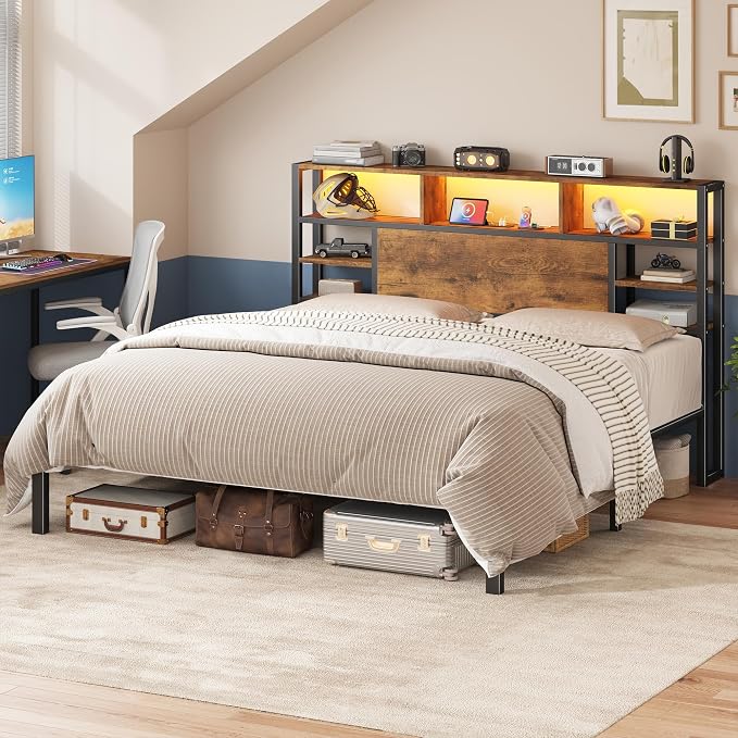 Homkdom King Bed Frame with Storage Headboard and Charging Station,Brown | LED Lights，12.2" Under-Bed Storage，Supports up to 1100 LBS，No Box Spring Needed，Noise-Free,Easy Assembly