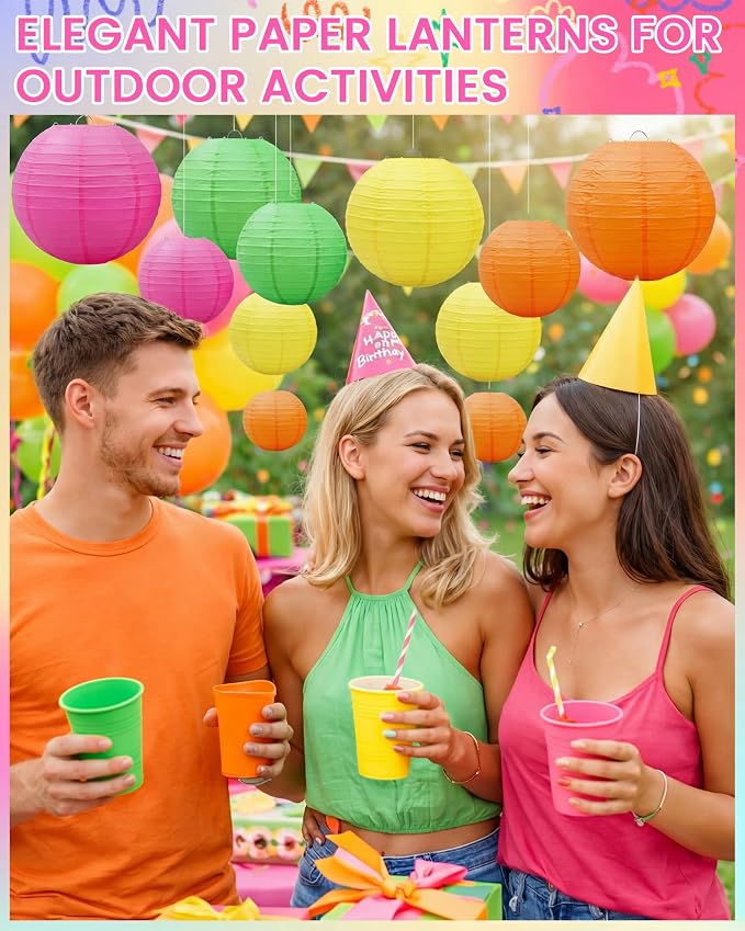 Treela 48 Pcs Paper Lanterns Party Decorations Round,Neon | Chinese Hanging Lamps, Wedding, Party Supplies, Birthday Bridal, 4/6/8/10 Inch, Easy Setup, Asian Decor, Festive Atmosphere