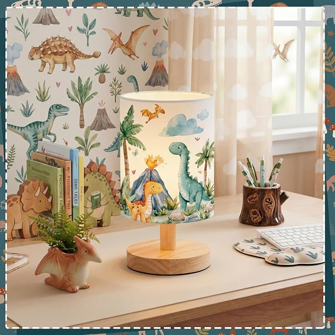 Roaring Dinosaur Kids Table Lamp for Bedroom Kids Bedside Lamp with Linen Wooden Nightstand Cartoon Nursery Lampshade for Girls Boys Living Room