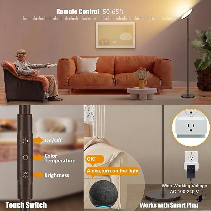 mukuxin Floor Lamp, Upgraded 40W 4000LM Super Bright Torchiere LED Floor Lamps for Living Room, Stepless Dimmable Color Temperature 2700K-6500K with Remote & Touch Control, Standing Light (40W Brown)