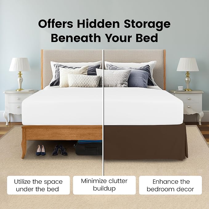 Queen Bed Skirt, Hides Under-Bed Storage 16 Inch Drop, Pleated, Brown | Easy Fit Design, Shrinkage & Fade Resistant, Hotel Style, Microfiber Durable Fabric, Machine Washable