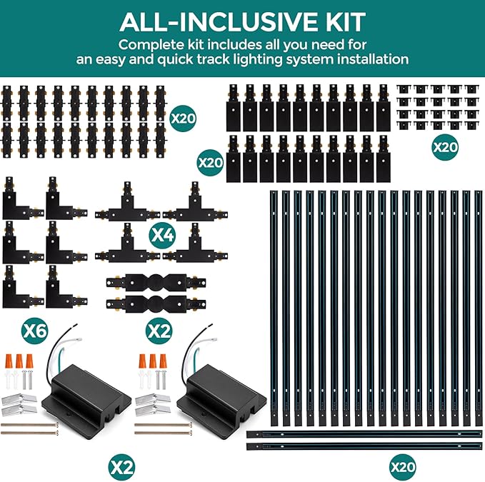 H Track Lighting Rails Kit - iCreating 65.6ft Black Track Lighting Tracks 3 Wire with Floating Canopy Connector, L, I and T Connectors for Single Circuit H Type LED Tracks Lights Heads Fixtures