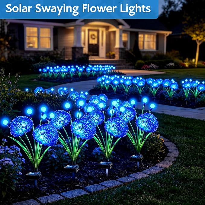 Solar Garden Lights, 4 Pack Blue Solar Swaying Firefly Lights With Flowers, Waterproof Blue Flowers Light Outdoor for Garden Patio Yard Pathway Fall Decoration, Gifts for Women Mother's Day