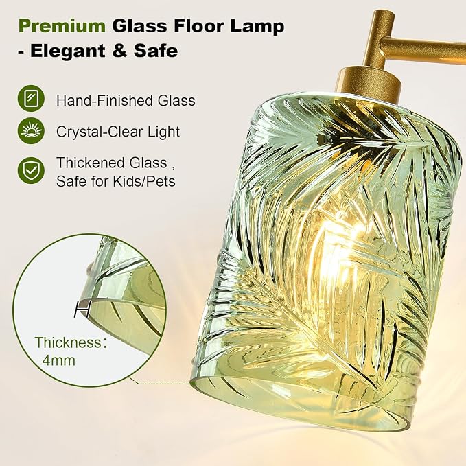 【Upgraded】 Dimmable Floor Lamp for Living Room with Green Feather Glass Lampshade, Gold Modern Floor Lamp with 900LM LED Bulb Included, Arc Standing Tall Lamp for Bedroom, Office, Reading Room, Corner
