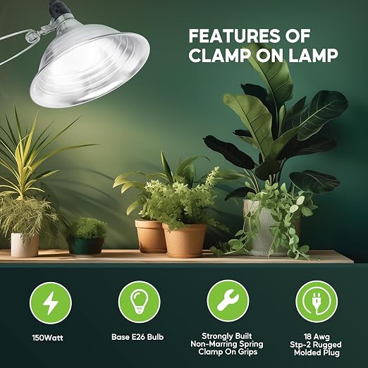 HealSmart 8.5" Clamp Light Socket, 150-Watt Maximum with 6 Feet 18/2 SPT-2 Cord, Aluminum Reflector E26 (no Bulb Included), for Reptiles and Plants Growing, 1-Pack