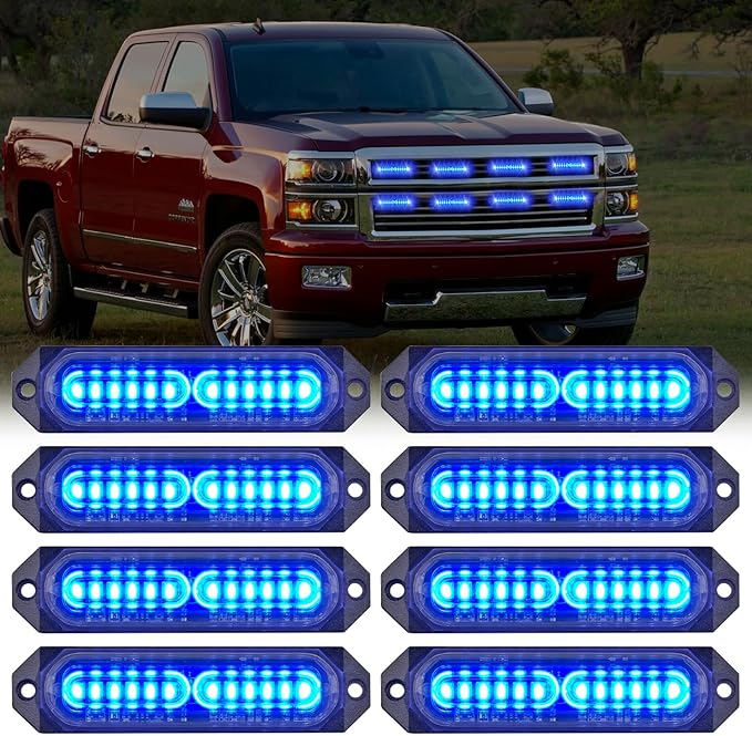Nilight 8PCS Led Strobe Lights 12LED Blue Emergency Light 12V 24V Surface Mount Flashing Warning Hazard Beacon Ultra Slim Sync Feature Mini Grille for Cars Trucks Off Road Vehicles SUV
