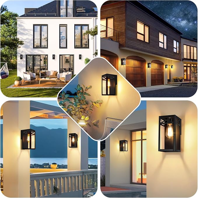 Outdoor Wall Light Fixtures, Black Exterior Waterproof Lanterns, 2-Pack | Porch Light with Glass Shade, Sconces Wall Mount Lighting with E26 Socket, Anti-Rust Wall Lamps for Patio Front Door Entryway