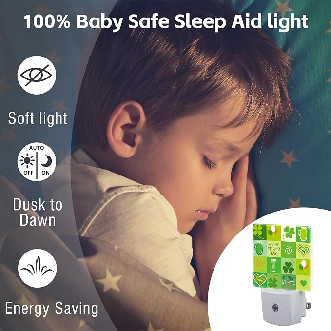 Happy St. Patrick's Day Night Light for Kids,Clover and Green Beer Night Light Plug in with Dusk to Dawn Sensor, 0.5w Energy Saving Sleep Friendly Nightlight for Hallway Stairway Kitchen Bedroom
