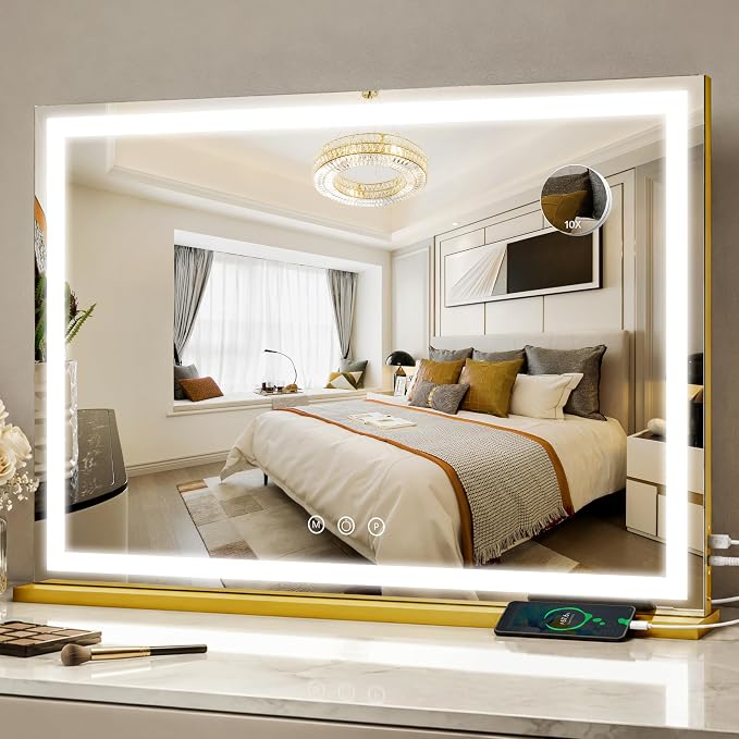 FENNIO Large Vanity Mirror with Lights，35.5" x 27" LED Makeup Mirror，Hollywood Mirror with 3 Color Modes & Adjustable Brightness，Vanity Mirror Square Gold