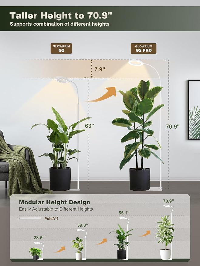 Tall Plant Grow Light for Indoor Plants, Full Spectrum Plant Light | 24W LED Grow Lamp with Single Heads, 23.5-71" Adjustable Height, 3/9/12/16H Timer, 6-Level Dimming for Large Houseplants