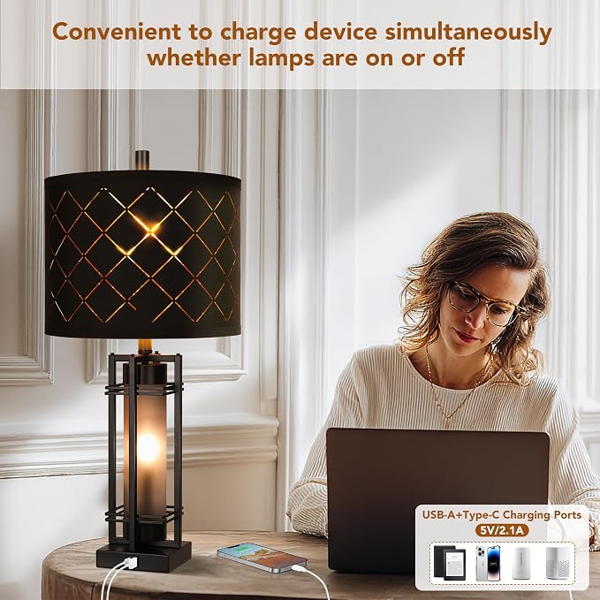 WIHTU 27'' Modern Table Lamp Set of 2 with Nightlight, Metal Bedside Lamps | Black Grid Shade, Square Base, 2 LED Bulbs Included, E26 Base, with USB Port, Rocker Switch, Nightstand Lamps for Bedroom