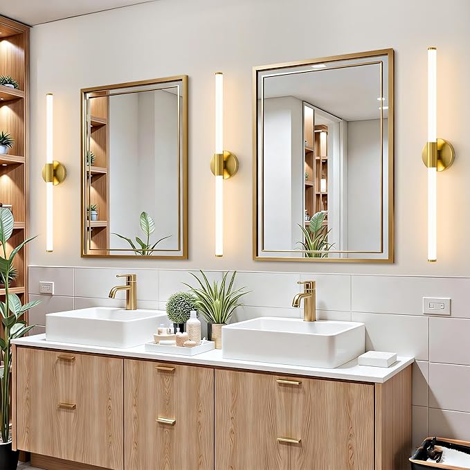 Dimmable LED Bathroom Vanity Lights 360° Full Lighting Bathroom Light Fixtures Over Mirror Vanity Light Bar Modern Wall Sconce Warm White for Bedroom Living Room Hardwired Gold, 31 inch