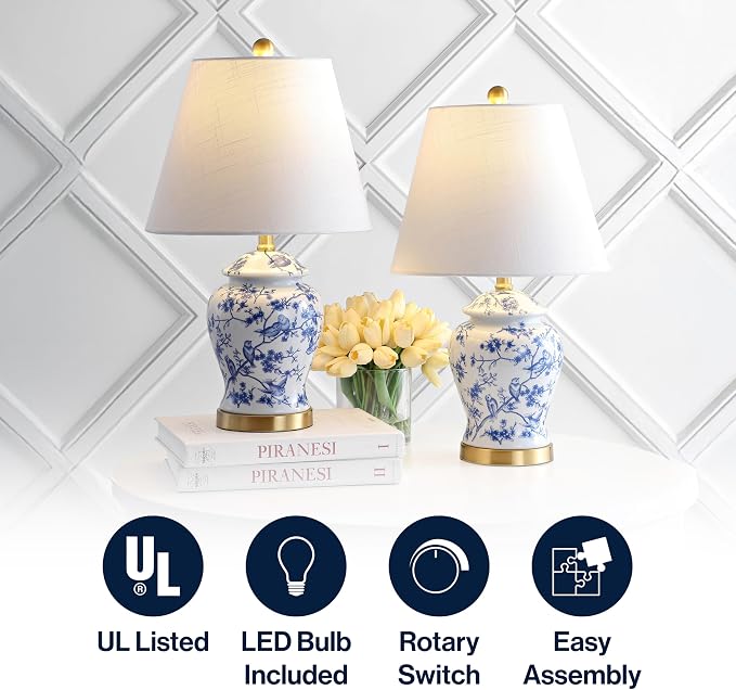 JONATHAN Y Penelope Ginger Jar 22" LED Table Lamp, Blue/White, Set of 2 | Chinoiserie, Ceramic Metal Construction, French Country Traditional, Linen Empire Shade, Brass Gold, LED Bulb Included