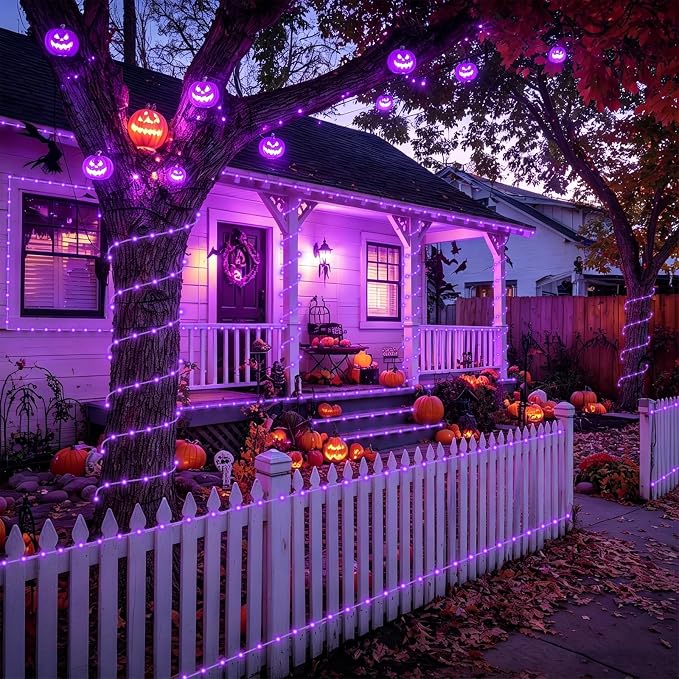 YEGUO Solar Halloween Lights, 2 Packs Each 33ft 100 LED String Lights Outdoor Waterproof, 8 Modes Fairy Lights in Clear Thin Tube for Camping Fence Patio Garden Trampoline Deck(Purple)