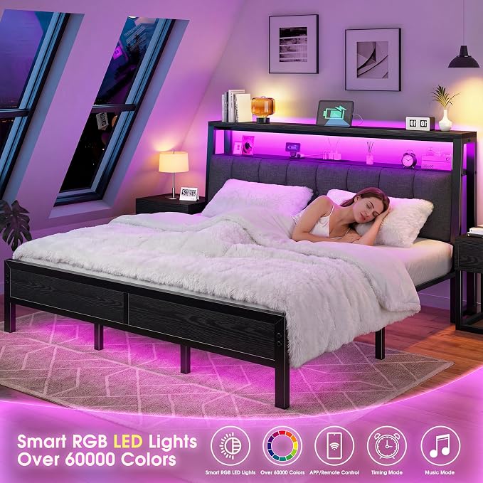 Homkdom King Bed Frame Upholstered Storage Headboard,Charging Station,Black | LED Lights, 12" Under-Bed Storage, 2 AC Outlet&2 USB, Noise-Free,Easy Assembly,No Box Spring Needed,1100 lbs