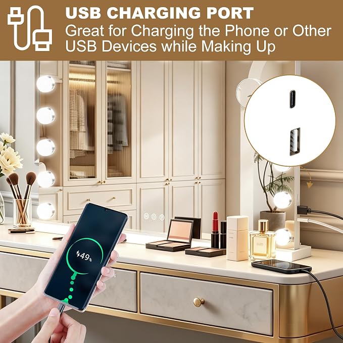 Ratsamee Hollywood Vanity Mirror with Lights, 17 Dimmable Bulbs, 3 Color Lights,Make Up Lighted Mirror, Aluminum Metal Frame, USB Charging Port（28" x 20"）