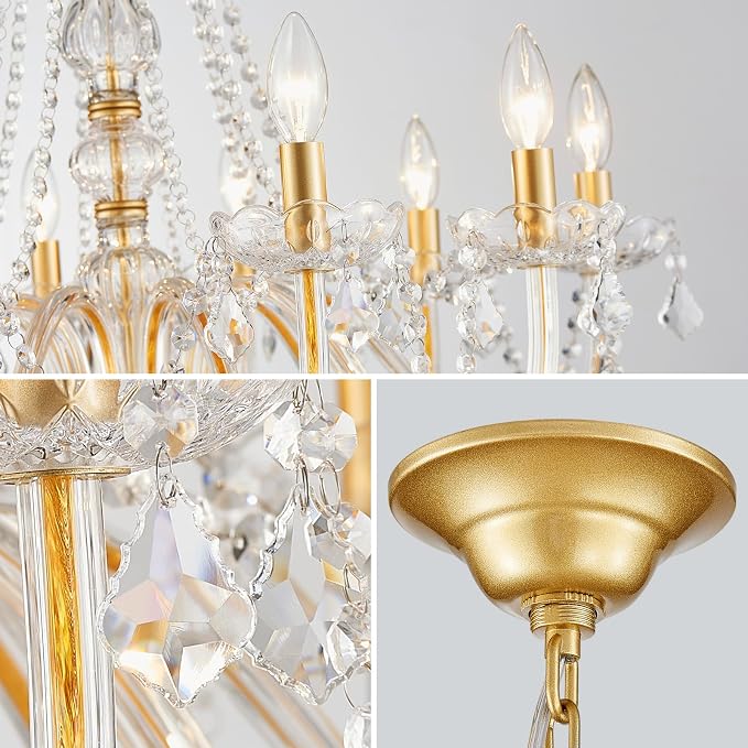 Large Crystal Chandelier, Modern Gold Crystal Chandeliers for Dining Room Light Fixture, 10-Lights Large Gold Pendant Light Fixtures Luxury Chandelier for Living Room Bedroom Foyer Entryway D26.8''