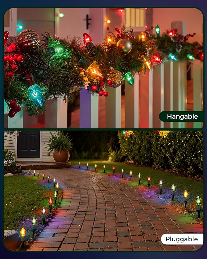 Brightown Christmas Pathway Lights Outdoor,Driveway Lights with 40 Multicolor Bulbs and Stakes, Connectable Outdoor Christmas Decorations Yard Walkway Sidewalk,Multicolor,25.7 FT x 2 Packs