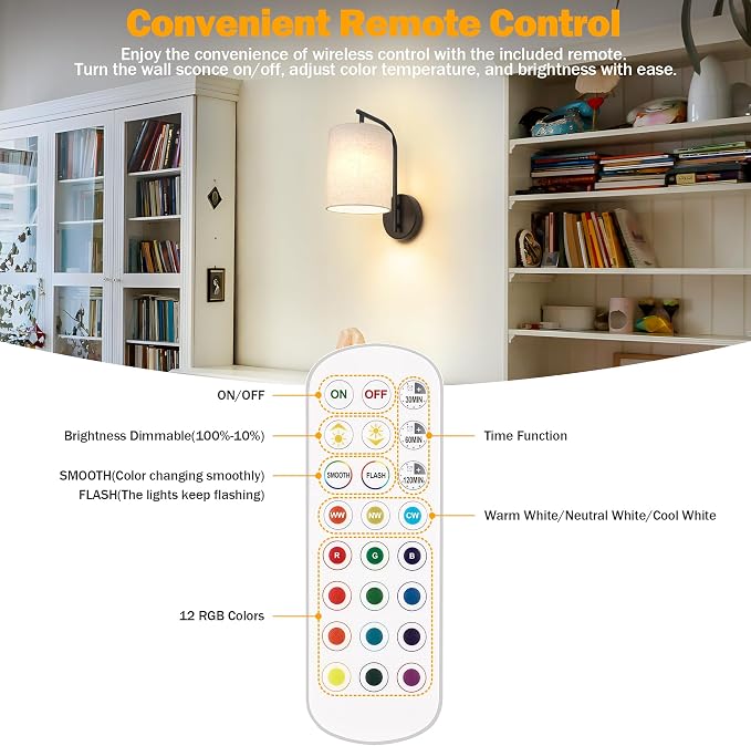 Battery Operated Wall Sconce Set of 2, Black Wall Light Fixture | Rechargeable Wall Mount Light, Dimmbale Bulb & Remote, 12 RGB Colors & Timer, Wireless Wall Lamp Linen Shade, Bedroom Hallway