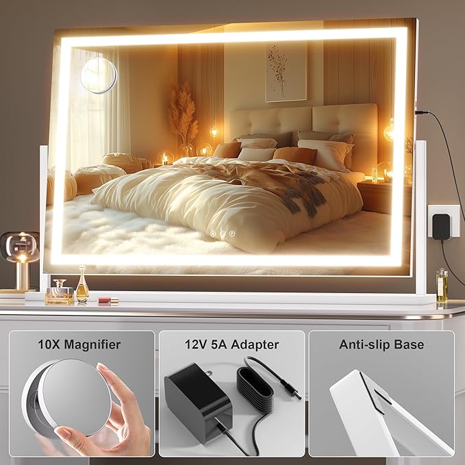 Hasipu Vanity Mirror with Lights, 39.4" x 28.3" LED Makeup Mirror, Light up Mirror with 10X Magnification and Phone Holder, USB Charging Port, Smart Touch 3 Colors Dimmable (White)