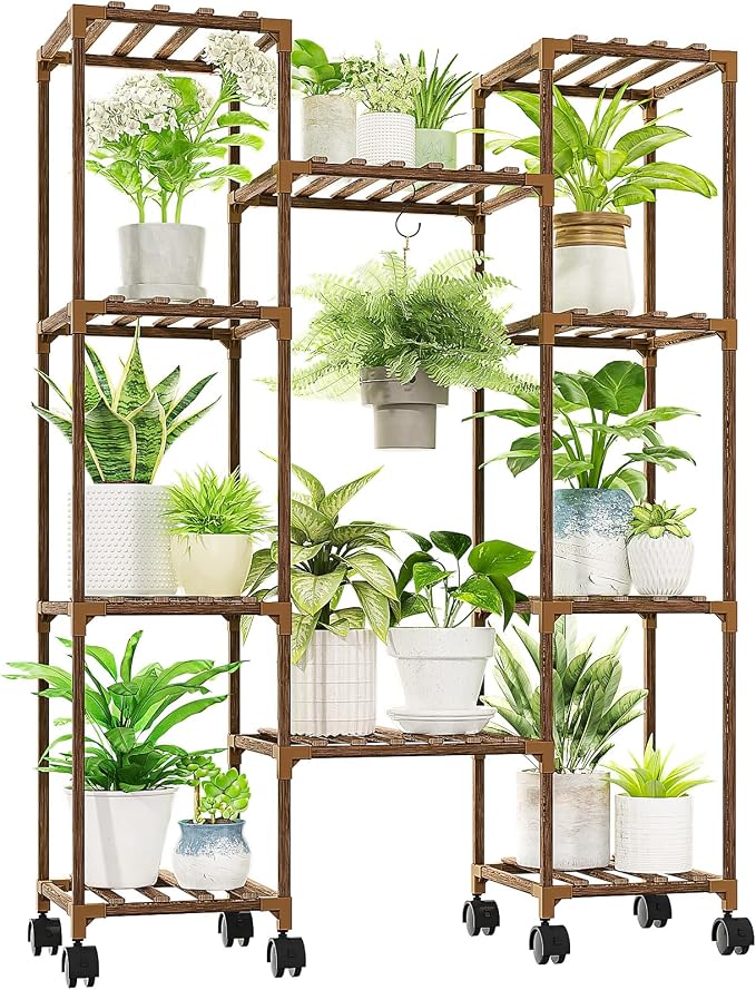 GENTINGBRO Plant Stand with Wheels Outdoor Indoor Hanging Plant Shelf for Multiple Plants Tall Large Holder for Living Room Patio Balcony Garden Corner Mobile