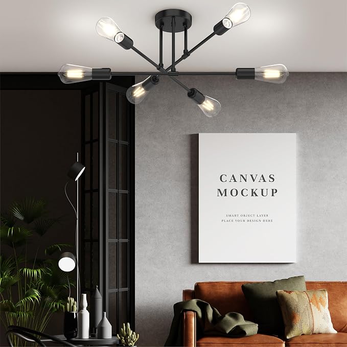 Modern Sputnik Chandelier Ceiling Light Fixtures, 6-Lights 22” Mid Century Industrial Metal Semi Flush Mount for Dining Room, Bedroom, Living Room, 6 T64 Bulbs