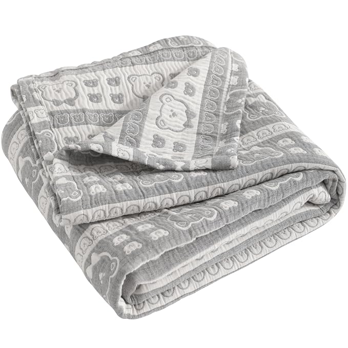 NTBAY 3 Layer Oversized Muslin Toddler Blanket, 45 x 60, Dark Grey Bear | Muslin Cotton Outer Layers with Light Thermal Fiber Fill, Reversible Blanket for Daycare, Travel, Naps, and Supervised Use