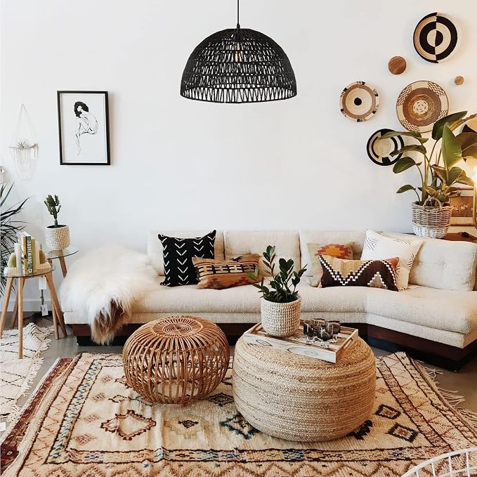 JONATHAN Y Campana 1-Light Pendant Dome Ceiling Lamp, 20", Black | Modern Coastal Farmhouse Decor, Adjustable Height, Woven Rope Metal Frame, LED Bulb Included, UL Listed
