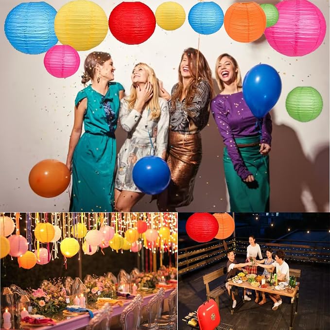 12Pcs Paper Lanterns 6”, 8”, 10”, 12”,Paperlanterns Party Decoration, Colorful Paper Lanterns for Wedding, Bridal, Birthday, Outdoor, Home, Garden, Holiday and Party.