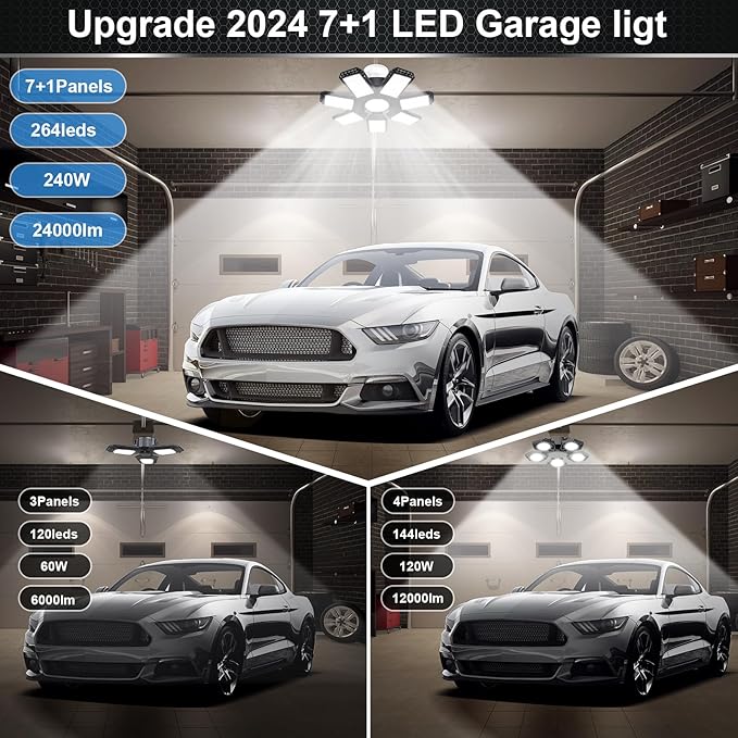 6 Pack LED Garage Light, 240W 24000LM 6500K LED Shop Lights, Garage Lights Ceiling Led with 7+1 Deformable Panels, E26/E27 Bulb Socket Lighting for Shop, High Bay, Attic, Basement, Warehouse