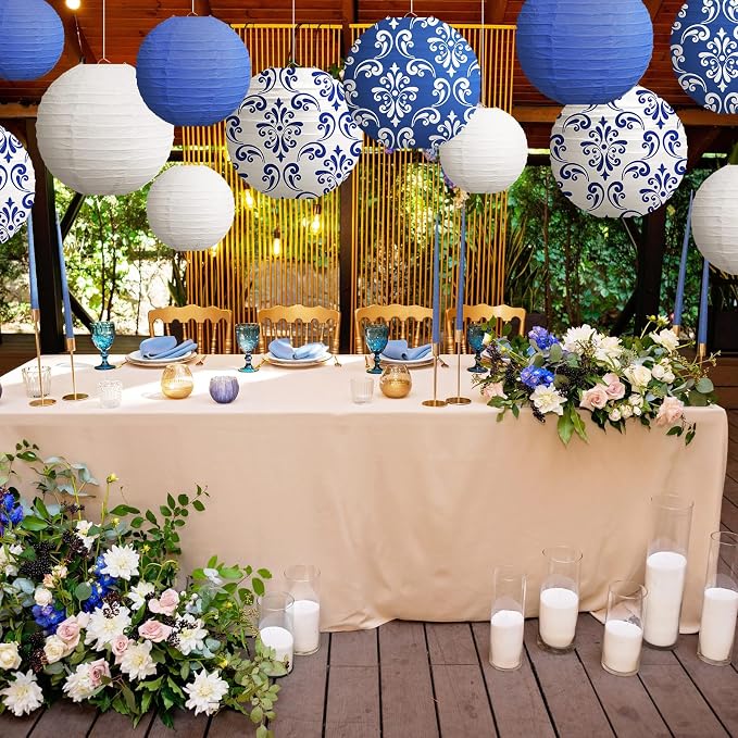 12 Pcs Chinoiserie Paper Lantern 12"10" 8" Blue and White Porcelain Print Hanging Decoration Round Lanterns for Chinese New Year Anniversary Party Wedding Home Decoration