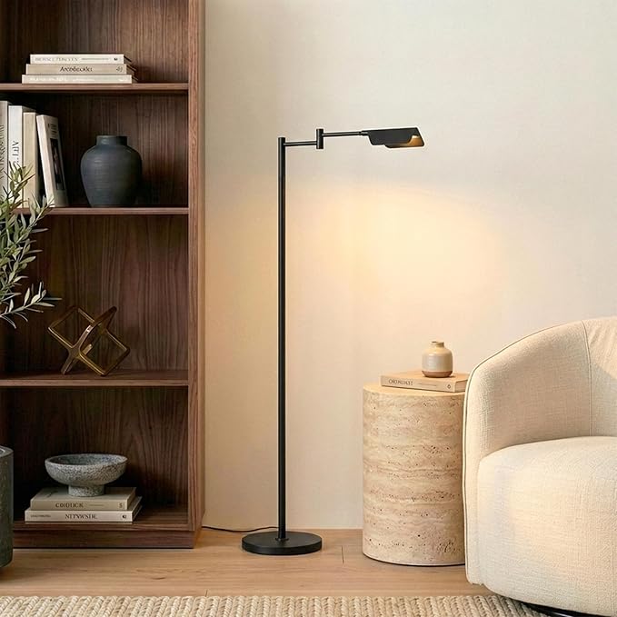 Brightech Leaf Pharmacy LED Reading Lamp, Dimmable Floor Lamp with Easy Rotation Over Chair or Desk for Living Rooms & Offices, Adjustable Standing Lamp, Tall Lamp for Sewing & Craftwork - Jet Black