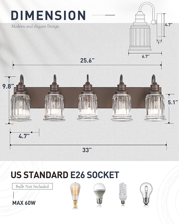 5 Light Bathroom Vanity Light - HWH Farmhouse Vanity Lights for Bathroom Wall Light Fixtures Over Mirror Oil-Rubbed Bronze, Bell-Shaped Fluted Clear Glass, 5HZG106B-5W ORB