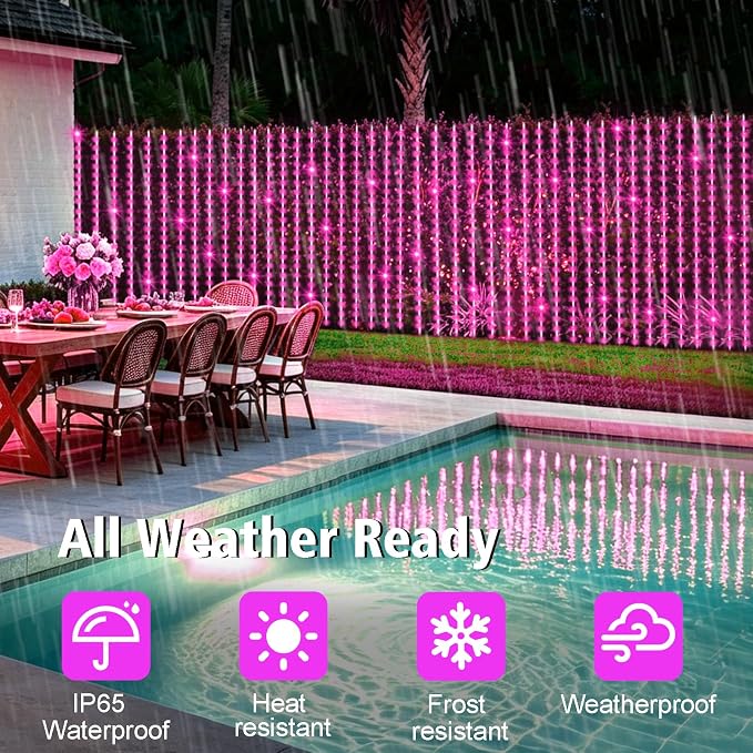 echosari Curtain Lights Battery Operated 9.8 x 9.8Ft with Timer Pink | 300 LED Fairy Lights with Hooks for Bedroom Wedding Backdrop Indoor Decor