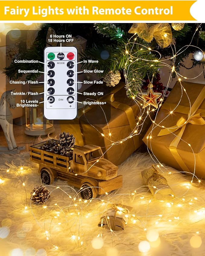 8 Pack Christmas Fairy Lights Battery Operated with Remote, Each 20FT 60LED Waterproof Twinkle Lights with Timer, String Light Indoor & Outdoor for Bedroom Wedding Christmas Decoration(Warm White)