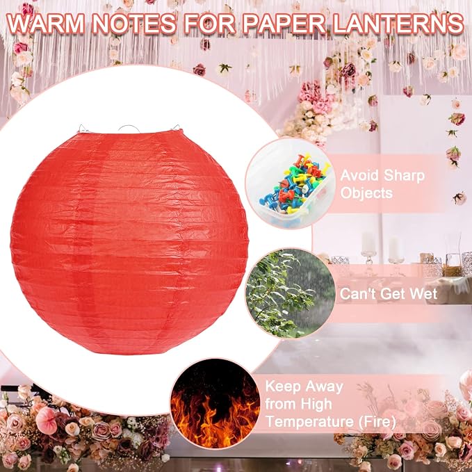 LIHAO 20 Pack Red Paper Lanterns, 4 Assorted Sizes Round Hanging Decor | Chinese New Year, Lunar New Year, Red Chinese Lantern, Wedding or Birthday Party, Metal Frames Included