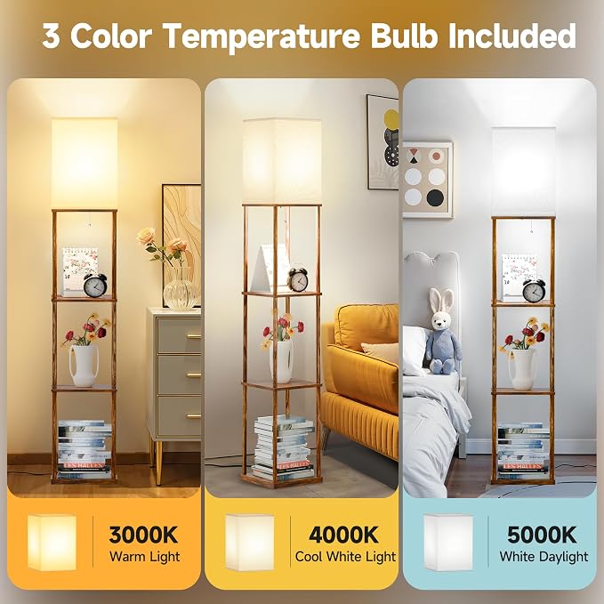 SHINE HAI Floor Lamp with Shelves, 3-Tier Square Modern Shelf Lamp | 3CCT Bright Bulb Included, Tall Standing Lamps for Living Room Bedroom Office
