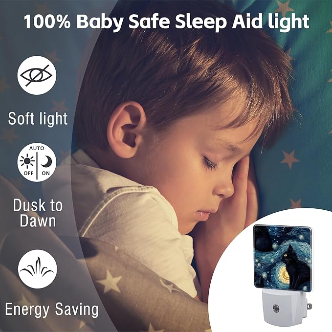 Starry Night Black Cat Night Light Plug into Wall, Abstract Oil Painting Cat Dusk to Dawn Night Light Plug in,0.5w Energy Saving Sleep Friendly NightLight for Kids Boys Girls Home Decor
