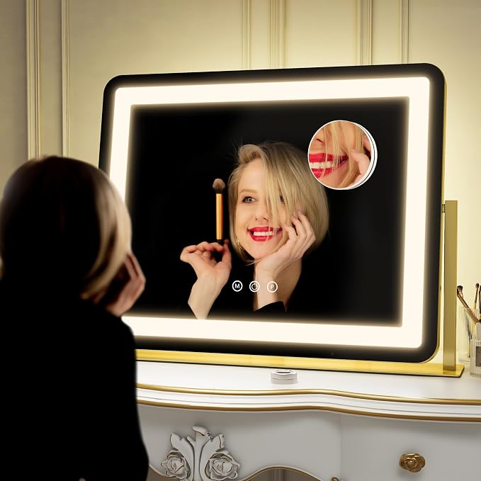 ROLOVE Gold Vanity Mirror with Lights - Smart Touch Dimming, 3-Color Lighting, 360° Rotatable Desktop Makeup Mirror for Desk, 22"x17"