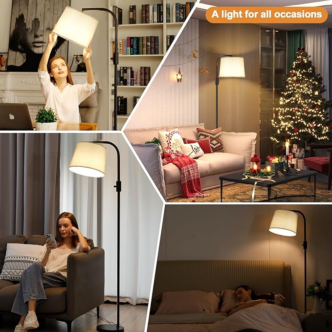 Ambimall Fully Dimmable Floor Lamp - Floor Lamps 9W LED Light Bulbs, Standing Lamps for Living Room with Adjust Head, Modern Standing Light Rotary Switch, Tall Lamp for Bedroom (Black and Linen Grey)