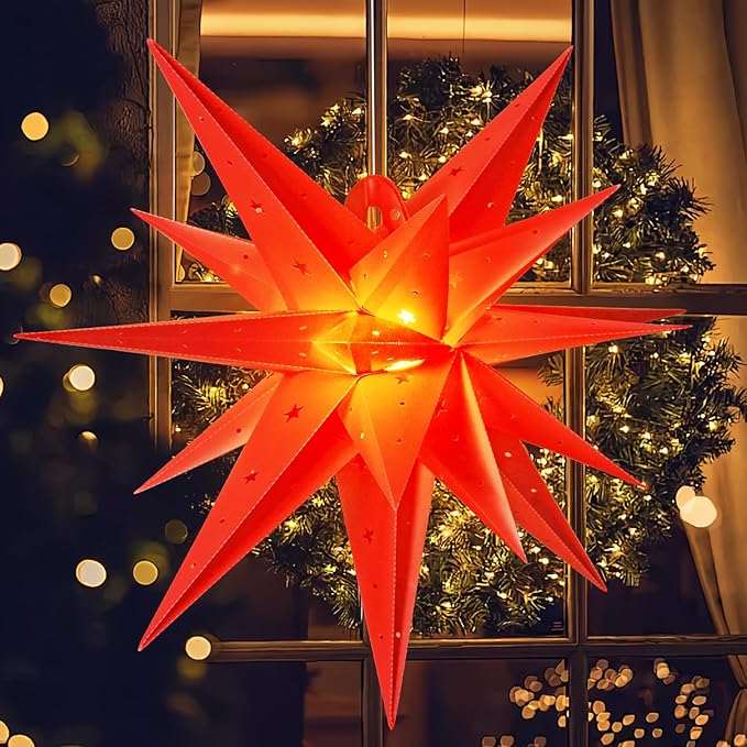 SUNBEAUTY 21 Inches Red Large Moravian Star Outdoor Light Warm White LED Hanging Star Lights 3D Christmas Tree Topper Star for Holiday Wedding Birthday Party Porch Light Decor