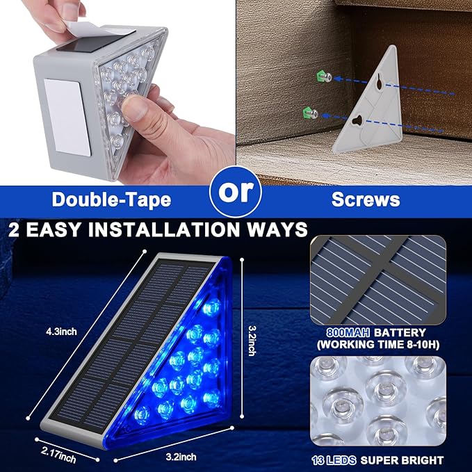 2 Pack Solar Stair Lights, Outdoor Step Lights with Waterproof IP67, Blue Color LED Solar Light for Outside Light Decor for Stair, Deck, Front Step, Front Porch, Patio and Backyard