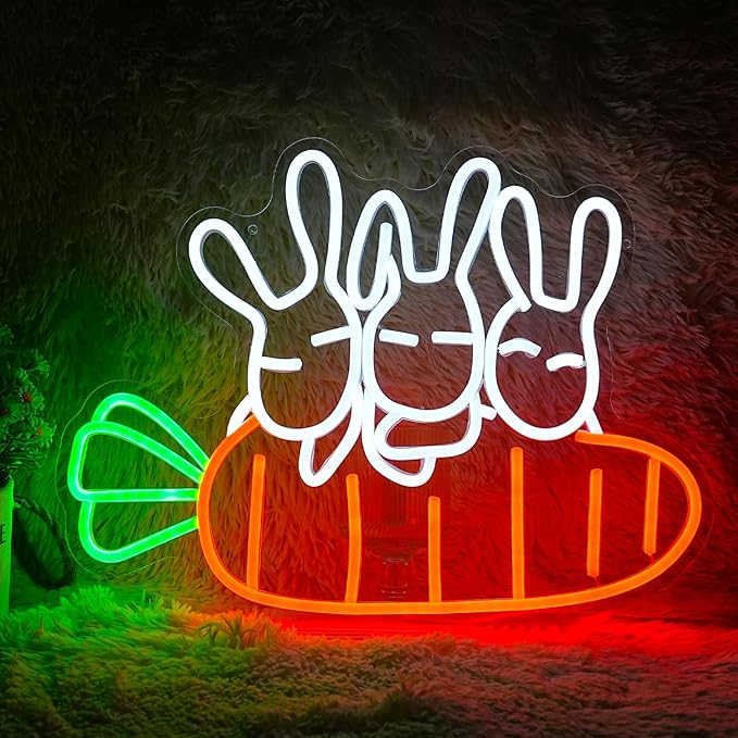 Rabbit Carrots Neon Sign Led Easter Neon Light For Wall Decor Light Up Carrots Sign USB Powered Rabbit Neon Light Signs For Art Restaurant Easter Party Animal kindergarten Room Childrens Birthday Gifts (16.9‘’*12.6‘’）