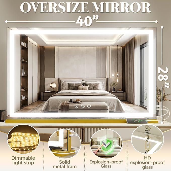 FENNIO Large Vanity Mirror with Lights，40" x 28"Makeup Mirror with Lights，Hollywood Mirror with 3 Color Modes & Adjustable Brightness，Vanity Mirror Square Gold