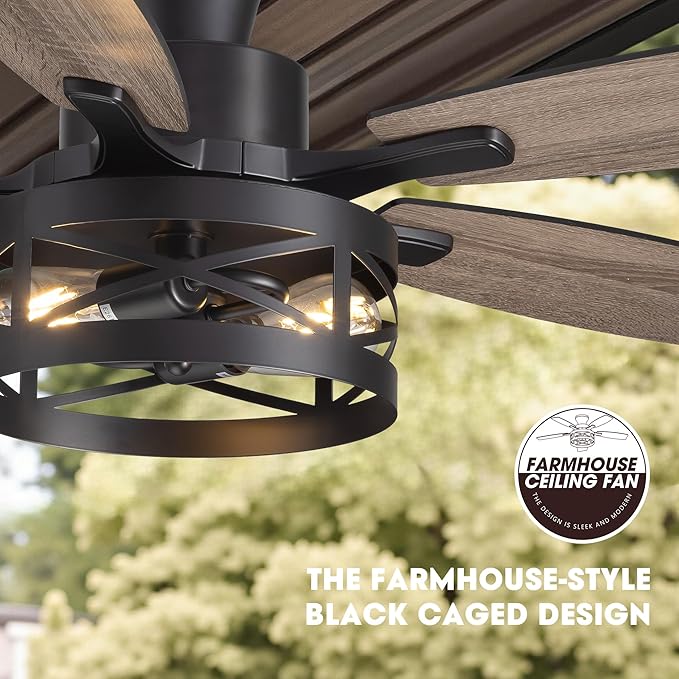 42 Inch Flush Mount Ceiling Fans with Lights and Remote Control, Low Profile Farmhouse Ceiling Fan for Bedroom Living Room and Patio, Black Caged Ceiling Fan for Indoor and Outdoor