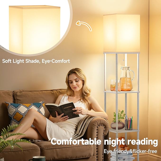 SHINE HAI Floor Lamp with Shelves, 3-Tier Square Modern Shelf Lamp | 3CCT Bright Bulb Included, Tall Standing Lamps for Living Room Bedroom Office