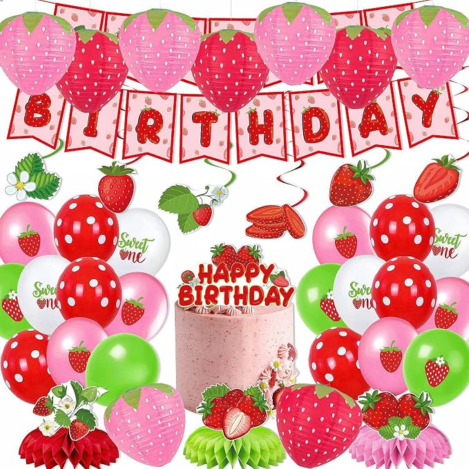 6PCS Strawberry Paper Lanterns, Strawberry Hanging Paper Lantern Decorations Strawberry Decoration Hanging for Room Birthday Party Wedding Garden Decor - 8 Inch, Red&Pink