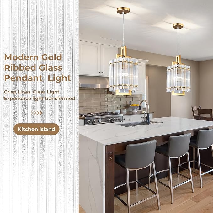 IKK Gold Pendant Light for Kitchen Island, Luxury Ribbed Glass Chandelier Lights Fixture, Modern Elegant Adjustable Pendant Lighting for Dining Room Bedroom, E26 Bulb, L6.5'' x H14''